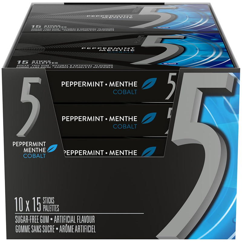 5 Gum Peppermint Cobalt Sugar Free Chewing Gum, 15 Sticks 10 Pack