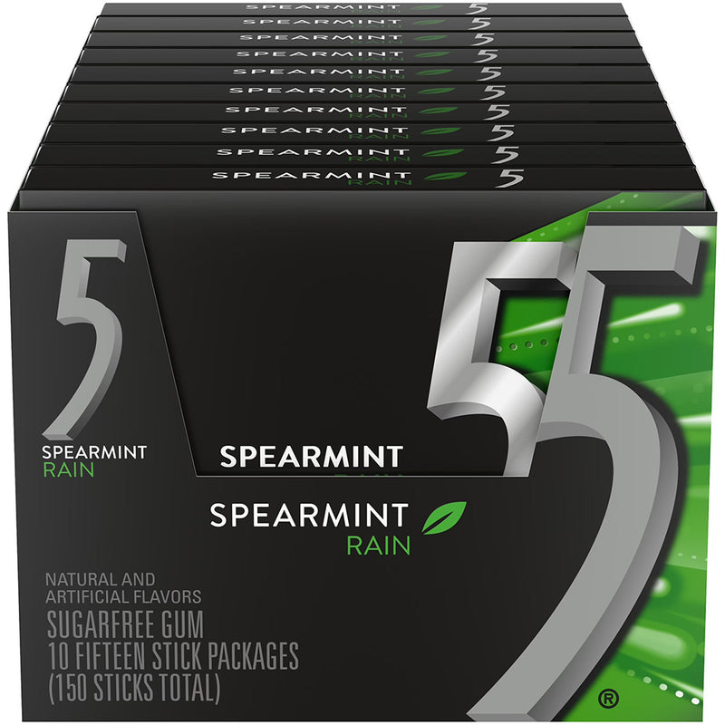5 Gum Rain Spearmint Sugar Free Chewing Gum, 15 Sticks 10 Pack