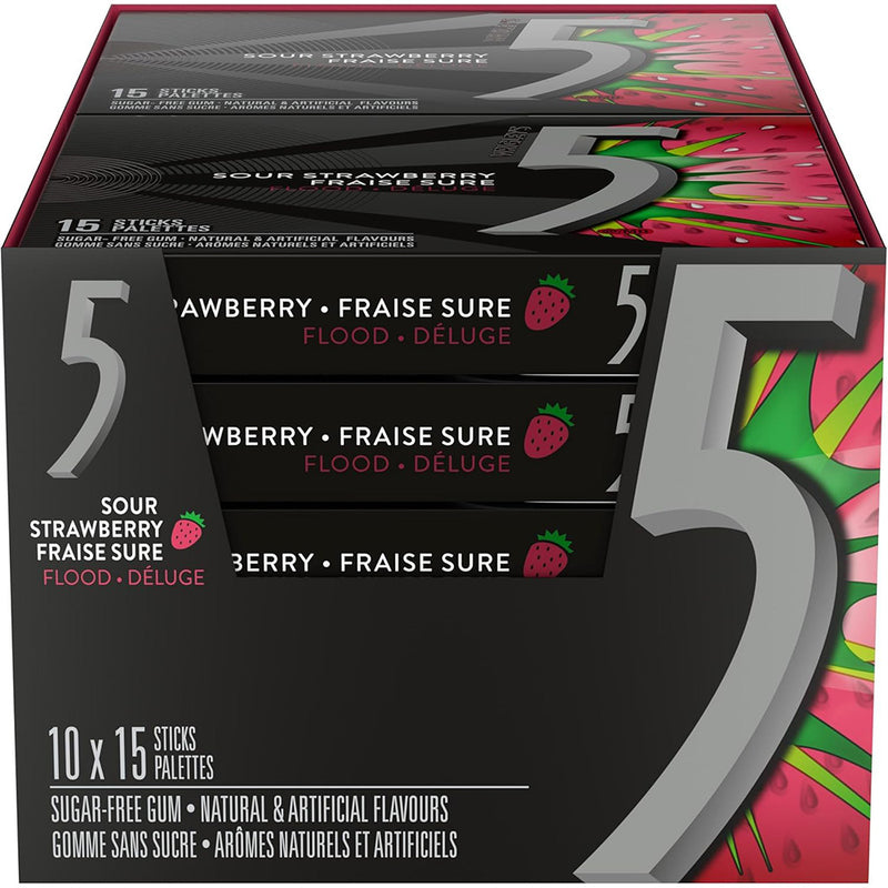 5 Gum Flood Sour Strawberry Sugar Free Chewing Gum, 15 Sticks 10 Pack