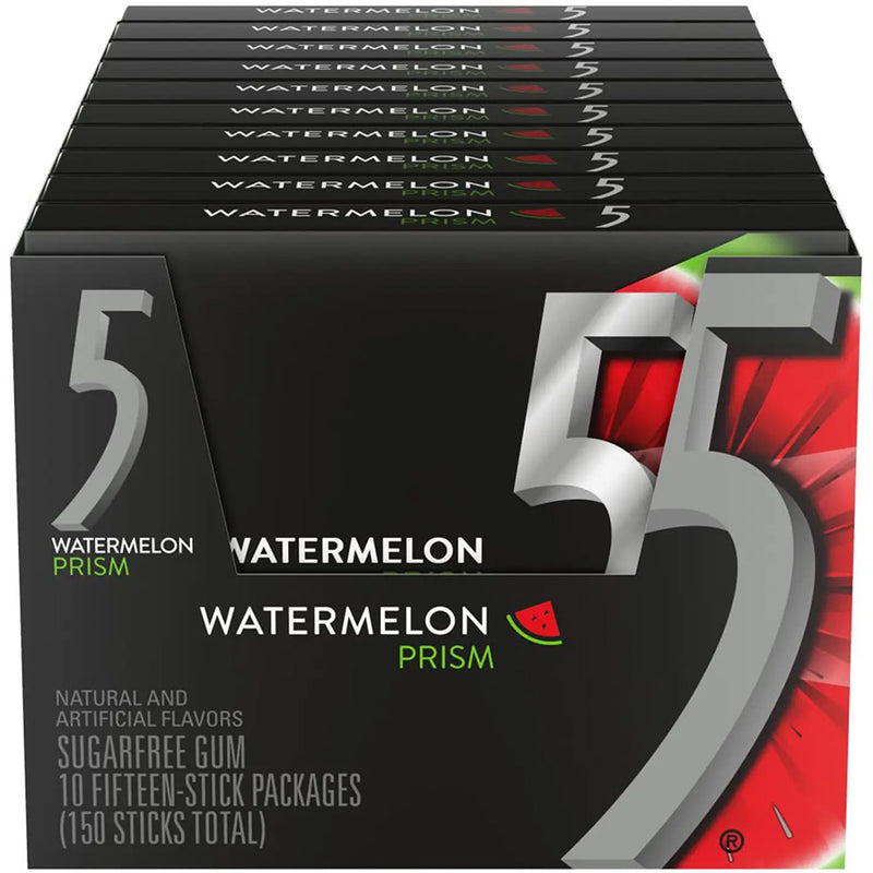 5 Gum Prism Watermelon Sugar Free Chewing Gum, 15 Sticks 10 Pack