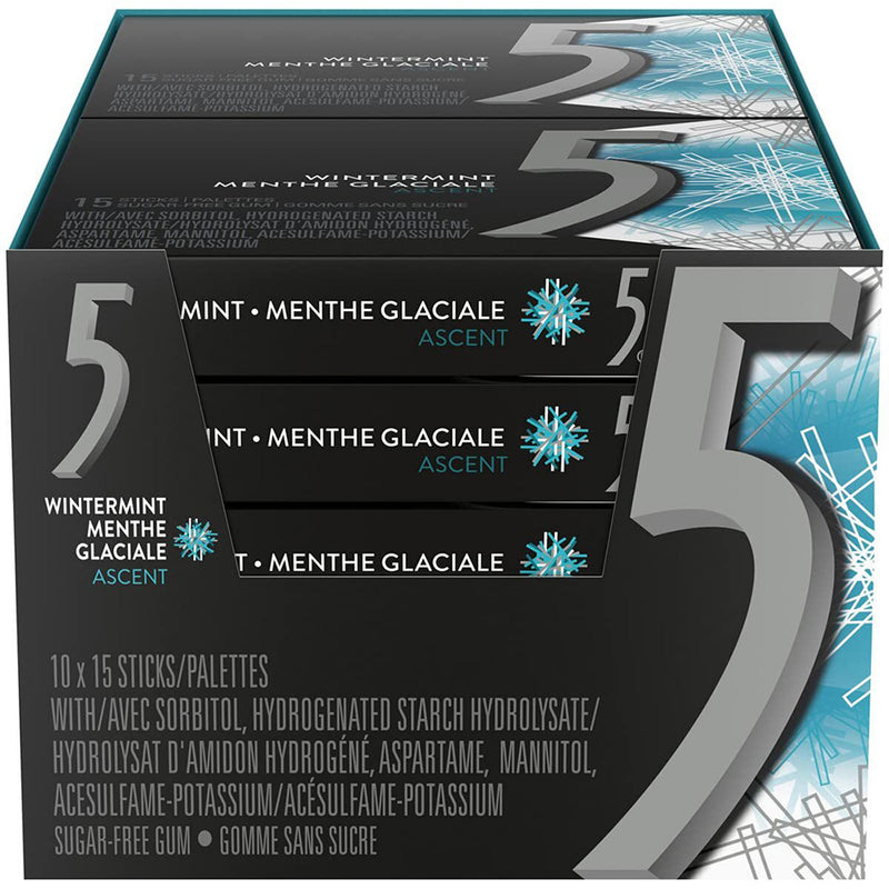 5 Gum Wintermint Ascent Sugar Free Chewing Gum, 15 Sticks 10 Pack