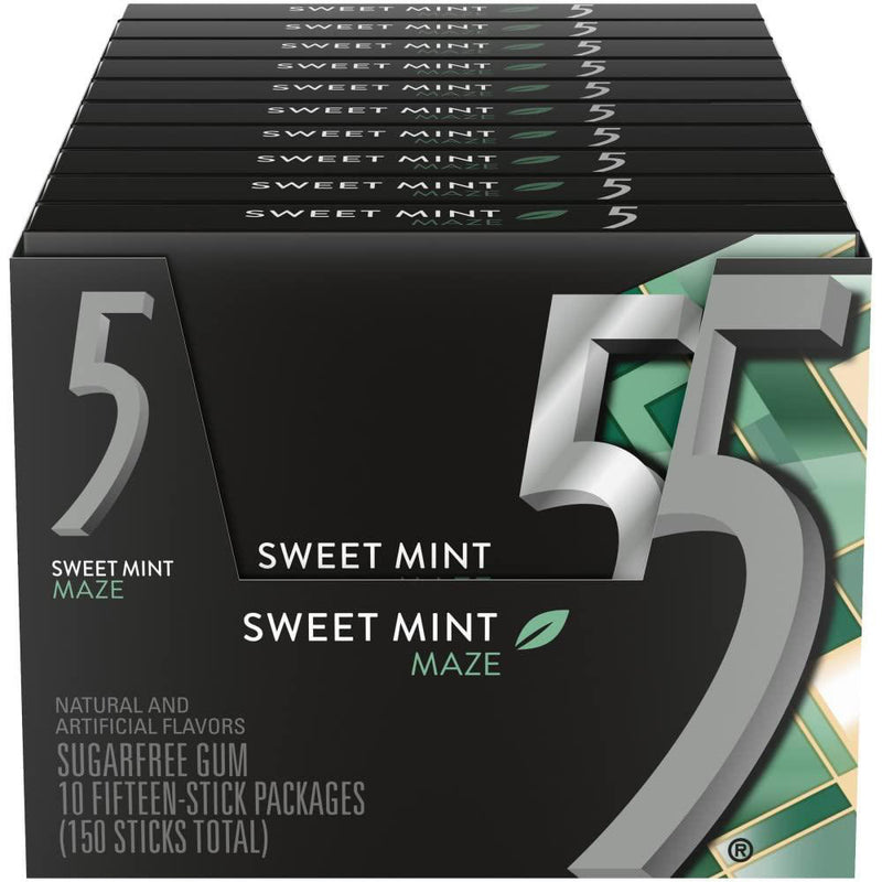 5 Gum Sweet Mint Maze Sugar Free Chewing Gum, 15 Sticks 10 Pack