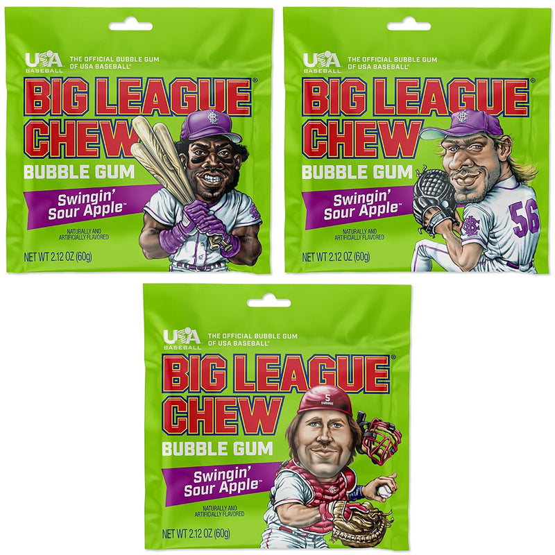 Big League Chew Swingin' Sour Apple Bubble Gum, 2.12 oz, 3 Pack