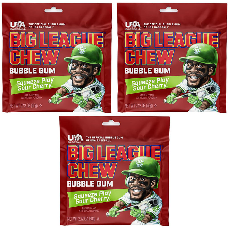 Big League Chew Squeeze Play Sour Cherry Bubble Gum, 2.12 oz, 3 Pack