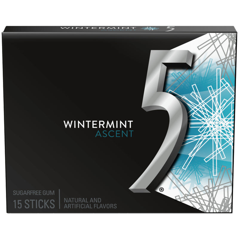5 Gum Wintermint Ascent Sugar Free Chewing Gum, 15 Sticks 10 Pack
