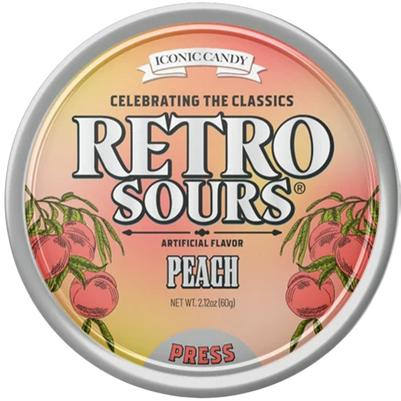 Retro Sours Peach Hard Tangy Candy, 2.12oz Tin, 8 Pack Box