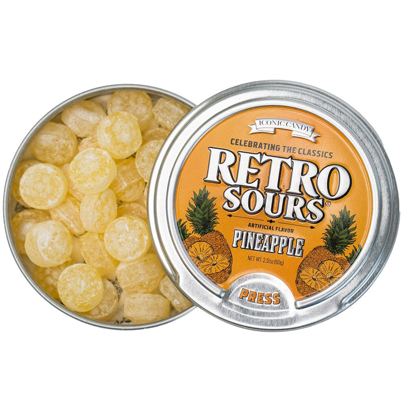 Retro Sours Pineapple Hard Tangy Candy, 2.12oz Tin