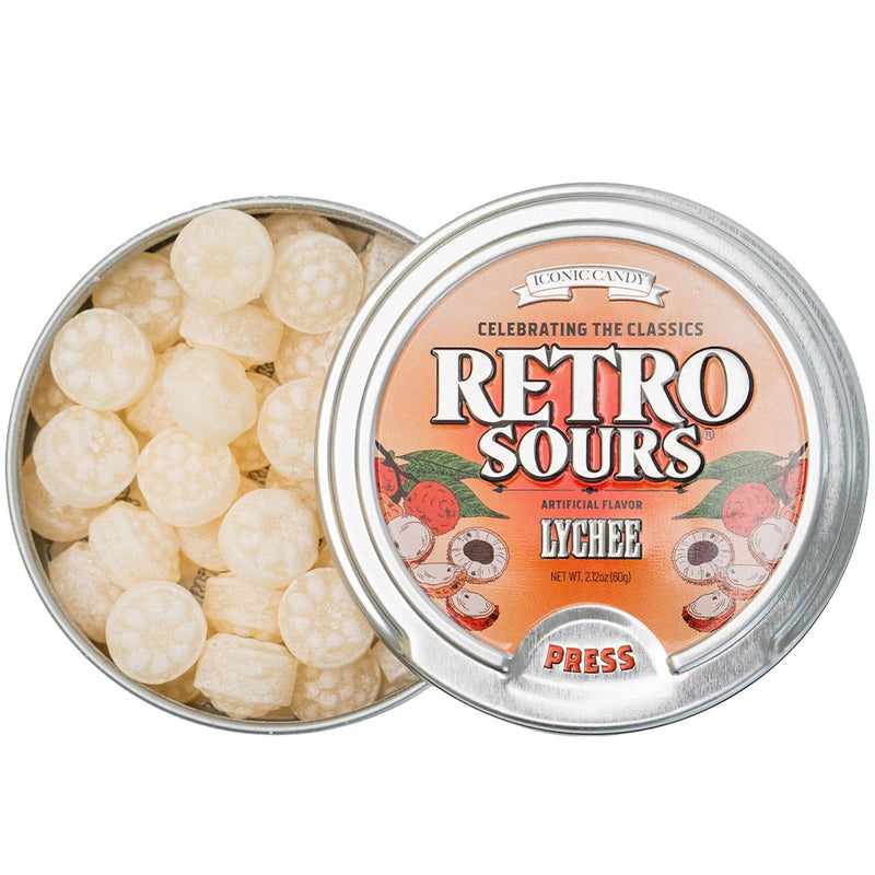 Retro Sours Lychee Hard Tangy Candy, 2.12oz Tin