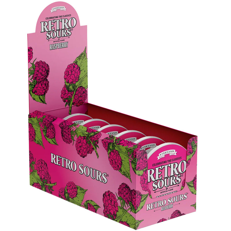 Retro Sours Raspberry Hard Tangy Candy, 2.12oz Tin, 8 Pack Box