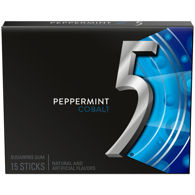 5 Gum Peppermint Cobalt Sugar Free Chewing Gum, 15 Sticks 10 Pack
