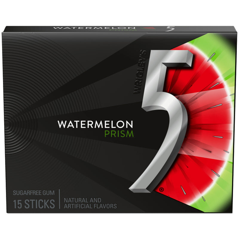 5 Gum Prism Watermelon Sugar Free Chewing Gum, 15 Sticks 10 Pack