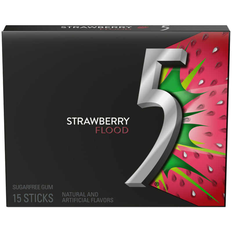 5 Gum Flood Sour Strawberry Sugar Free Chewing Gum, 15 Sticks 10 Pack