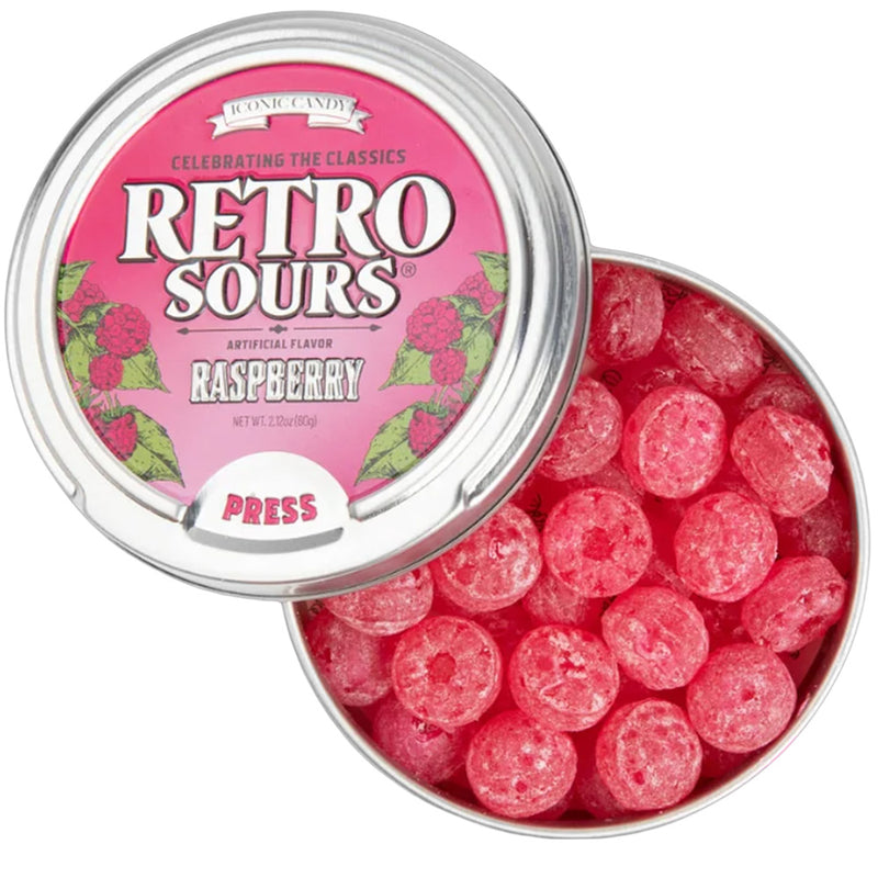 Retro Sours Raspberry Hard Tangy Candy, 2.12oz Tin