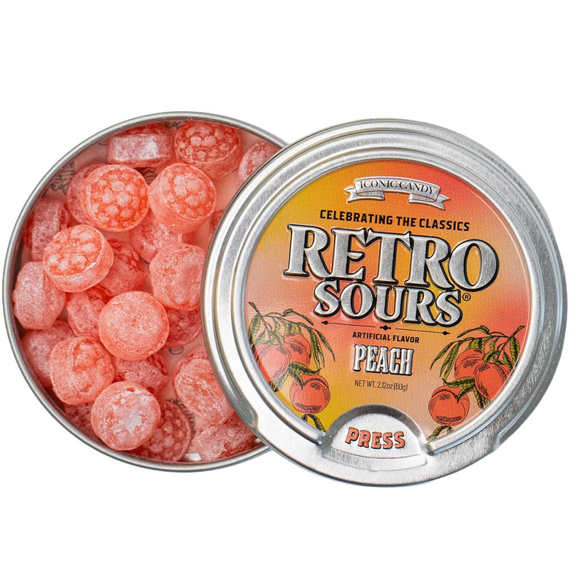 Retro Sours Peach Hard Tangy Candy, 2.12oz Tin