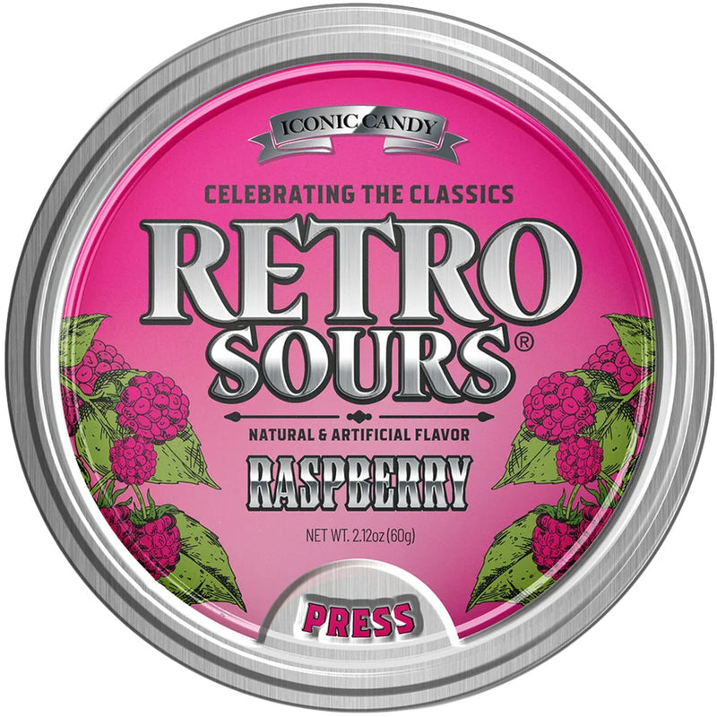 Retro Sours Raspberry Hard Tangy Candy, 2.12oz Tin, 8 Pack Box