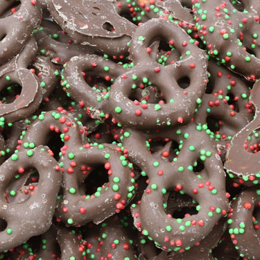 Milk Chocolate Pretzels with Red and Green Nonpareils 1lb