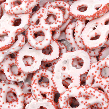 Valentines Day Strawberry Yogurt Covered Pretzels with Red Nonpareils 1 lb.